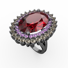 Garnet, ametist ve dumanlı kuvars 925 ayar siyah rodyum kaplama gümüş yüzük