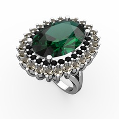 Neşe Yüzük - Yeşil kuvars, siyah zirkon ve dumanlı kuvars 8 ayar beyaz altın yüzük #1uhigqf