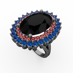 Neşe Yüzük - Siyah zirkon, garnet ve lab safir 925 ayar siyah rodyum kaplama gümüş yüzük #1uqy8cc