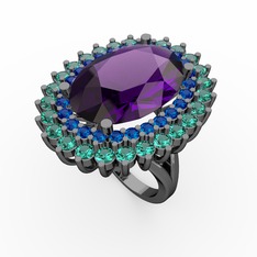 Neşe Yüzük - Ametist, lab safir ve yeşil kuvars 925 ayar siyah rodyum kaplama gümüş yüzük #1uvvhjp