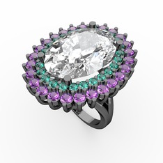 Neşe Yüzük - Beyaz zirkon, yeşil kuvars ve ametist 925 ayar siyah rodyum kaplama gümüş yüzük #1viklvd