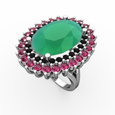 Neşe Yüzük - Kök zümrüt, siyah zirkon ve rodolit garnet 18 ayar beyaz altın yüzük #1wp852o