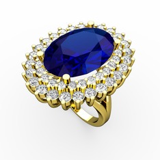 Lab safir, beyaz zirkon ve swarovski 14 ayar altın yüzük