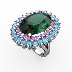 Neşe Yüzük - Yeşil kuvars, ametist ve akuamarin 8 ayar beyaz altın yüzük #1wqtaym