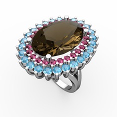 Neşe Yüzük - Dumanlı kuvars, rodolit garnet ve akuamarin 18 ayar beyaz altın yüzük #1wuv4o0