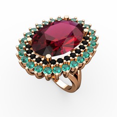 Rodolit garnet, siyah zirkon ve yeşil kuvars 14 ayar rose altın yüzük