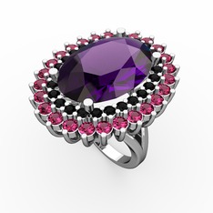 Ametist, siyah zirkon ve rodolit garnet 18 ayar beyaz altın yüzük