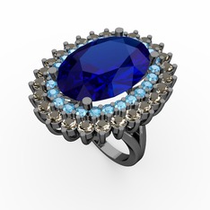 Neşe Yüzük - Lab safir, akuamarin ve dumanlı kuvars 925 ayar siyah rodyum kaplama gümüş yüzük #1xjul8h