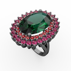 Neşe Yüzük - Yeşil kuvars, garnet ve rodolit garnet 925 ayar siyah rodyum kaplama gümüş yüzük #1y35tp2