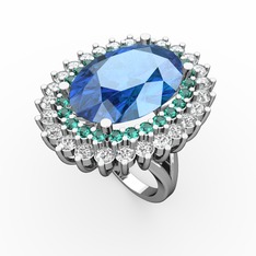 Neşe Yüzük - Akuamarin, yeşil kuvars ve swarovski 14 ayar beyaz altın yüzük #1y6askx
