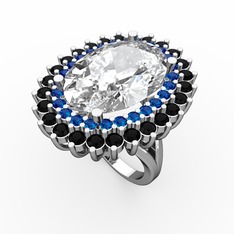 Neşe Yüzük - Swarovski, lab safir ve siyah zirkon 18 ayar beyaz altın yüzük #1y78izi