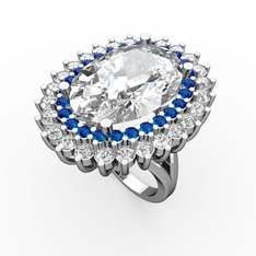 Swarovski ve lab safir 14 ayar beyaz altın yüzük