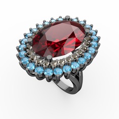 Neşe Yüzük - Garnet, dumanlı kuvars ve akuamarin 925 ayar siyah rodyum kaplama gümüş yüzük #25pame