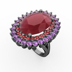 Neşe Yüzük - Kök yakut, garnet ve ametist 925 ayar siyah rodyum kaplama gümüş yüzük #28mvgl