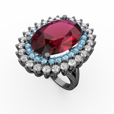 Neşe Yüzük - Rodolit garnet, akuamarin ve swarovski 925 ayar siyah rodyum kaplama gümüş yüzük #2bb17l