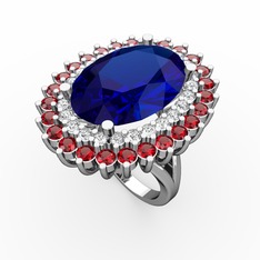 Lab safir, pırlanta ve garnet 925 ayar gümüş yüzük (0.936 karat)