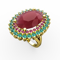 Kök yakut, rodolit garnet ve yeşil kuvars 14 ayar altın yüzük