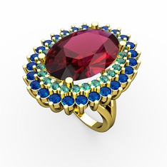 Rodolit garnet, yeşil kuvars ve lab safir 925 ayar altın kaplama gümüş yüzük