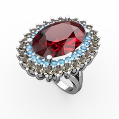 Garnet, akuamarin ve dumanlı kuvars 8 ayar beyaz altın yüzük