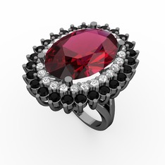 Neşe Yüzük - Rodolit garnet, pırlanta ve siyah zirkon 925 ayar siyah rodyum kaplama gümüş yüzük (0.936 karat) #32hxuv