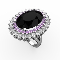 Neşe Yüzük - Siyah zirkon, ametist ve pırlanta 8 ayar beyaz altın yüzük (1.56 karat) #3h5cjm
