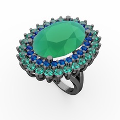 Neşe Yüzük - Kök zümrüt, lab safir ve yeşil kuvars 925 ayar siyah rodyum kaplama gümüş yüzük #3ojg8o