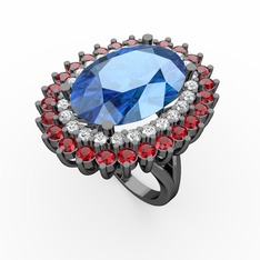 Akuamarin, beyaz zirkon ve garnet 925 ayar siyah rodyum kaplama gümüş yüzük