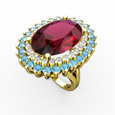 Rodolit garnet, swarovski ve akuamarin 8 ayar altın yüzük