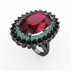 Neşe Yüzük - Rodolit garnet, yeşil kuvars ve siyah zirkon 925 ayar siyah rodyum kaplama gümüş yüzük #4crk1o