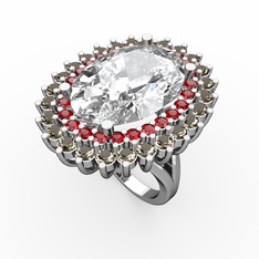 Neşe Yüzük - Beyaz zirkon, garnet ve dumanlı kuvars 18 ayar beyaz altın yüzük #4ixdds