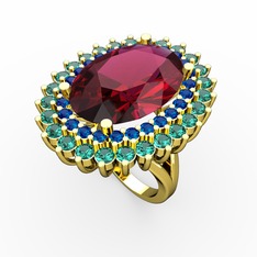 Rodolit garnet, lab safir ve yeşil kuvars 14 ayar altın yüzük