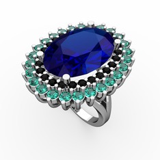 Neşe Yüzük - Lab safir, siyah zirkon ve yeşil kuvars 8 ayar beyaz altın yüzük #4tphrs