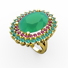 Kök zümrüt, rodolit garnet ve yeşil kuvars 14 ayar altın yüzük