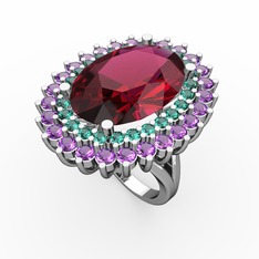 Rodolit garnet, yeşil kuvars ve ametist 14 ayar beyaz altın yüzük