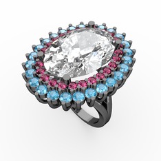 Neşe Yüzük - Beyaz zirkon, rodolit garnet ve akuamarin 925 ayar siyah rodyum kaplama gümüş yüzük #63iogx