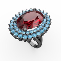 Neşe Yüzük - Garnet ve akuamarin 925 ayar siyah rodyum kaplama gümüş yüzük #6571uf