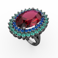 Neşe Yüzük - Rodolit garnet, lab safir ve yeşil kuvars 925 ayar siyah rodyum kaplama gümüş yüzük #66s9dt