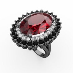 Garnet, swarovski ve siyah zirkon 925 ayar siyah rodyum kaplama gümüş yüzük