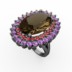 Neşe Yüzük - Dumanlı kuvars, garnet ve ametist 925 ayar siyah rodyum kaplama gümüş yüzük #6ozj8x