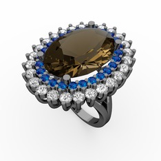 Neşe Yüzük - Dumanlı kuvars, lab safir ve pırlanta 925 ayar siyah rodyum kaplama gümüş yüzük (1.56 karat) #6rugrl