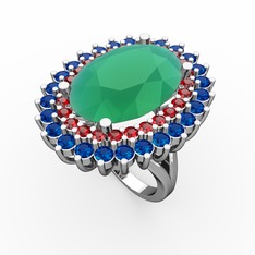 Neşe Yüzük - Kök zümrüt, garnet ve lab safir 18 ayar beyaz altın yüzük #6vmycf