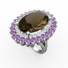 Dumanlı kuvars, swarovski ve ametist 18 ayar beyaz altın yüzük