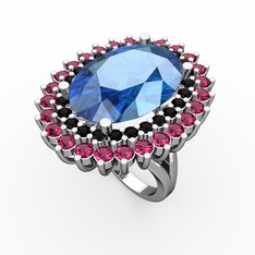 Akuamarin, siyah zirkon ve rodolit garnet 18 ayar beyaz altın yüzük