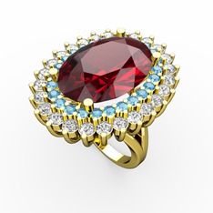 Garnet, akuamarin ve swarovski 925 ayar altın kaplama gümüş yüzük