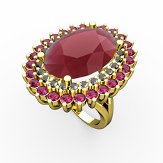 Kök yakut, dumanlı kuvars ve rodolit garnet 14 ayar altın yüzük