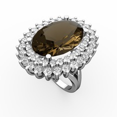 Dumanlı kuvars, pırlanta ve swarovski 8 ayar beyaz altın yüzük (0.936 karat)