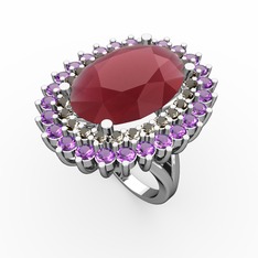 Kök yakut, dumanlı kuvars ve ametist 14 ayar beyaz altın yüzük