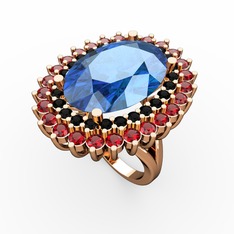 Akuamarin, siyah zirkon ve garnet 8 ayar rose altın yüzük
