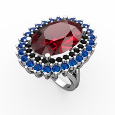 Garnet, siyah zirkon ve lab safir 14 ayar beyaz altın yüzük