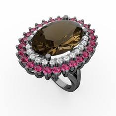 Dumanlı kuvars, beyaz zirkon ve rodolit garnet 925 ayar siyah rodyum kaplama gümüş yüzük